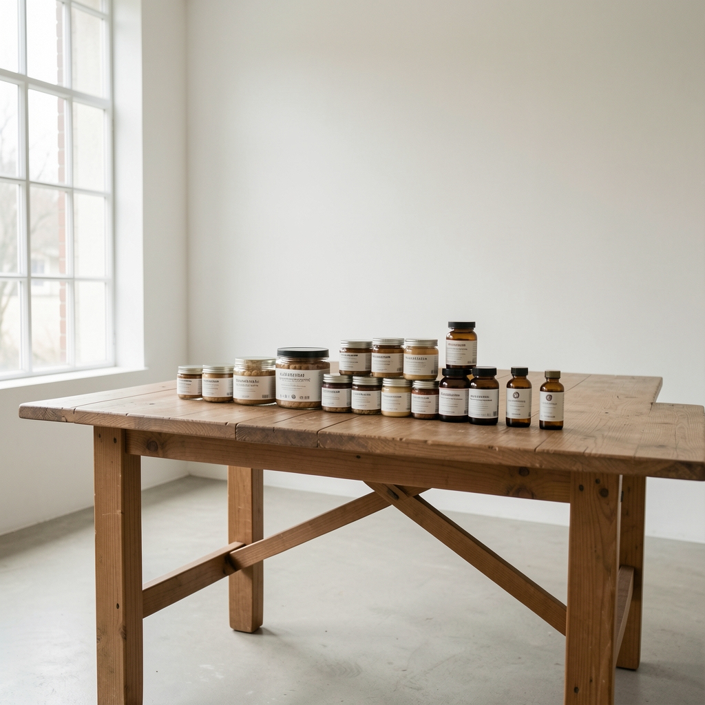 Minimal studio interior with wooden shelves holding body cream jars and supplement bottles arranged in a grid, natural light through tall windows