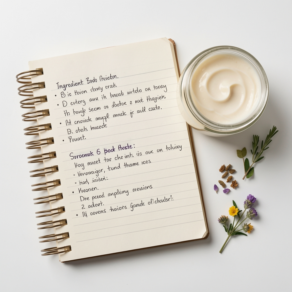 Overhead view of an open spiral notebook with handwritten ingredient notes, a glass jar of body cream, and several small botanical samples arranged on a white studio surface