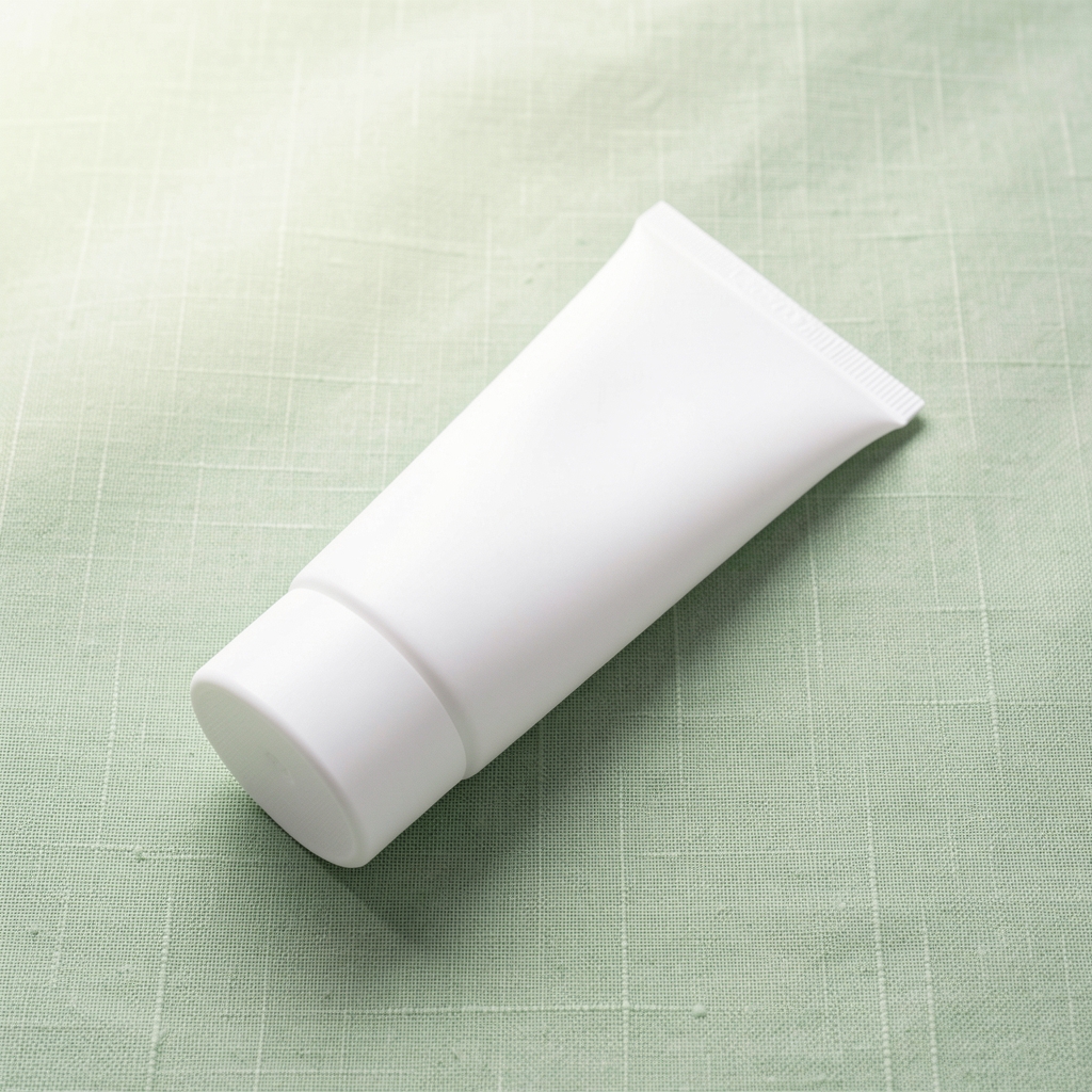 Minimal white tube of body moisturiser lying on its side against a pale green linen background, soft diffused light, clean product composition