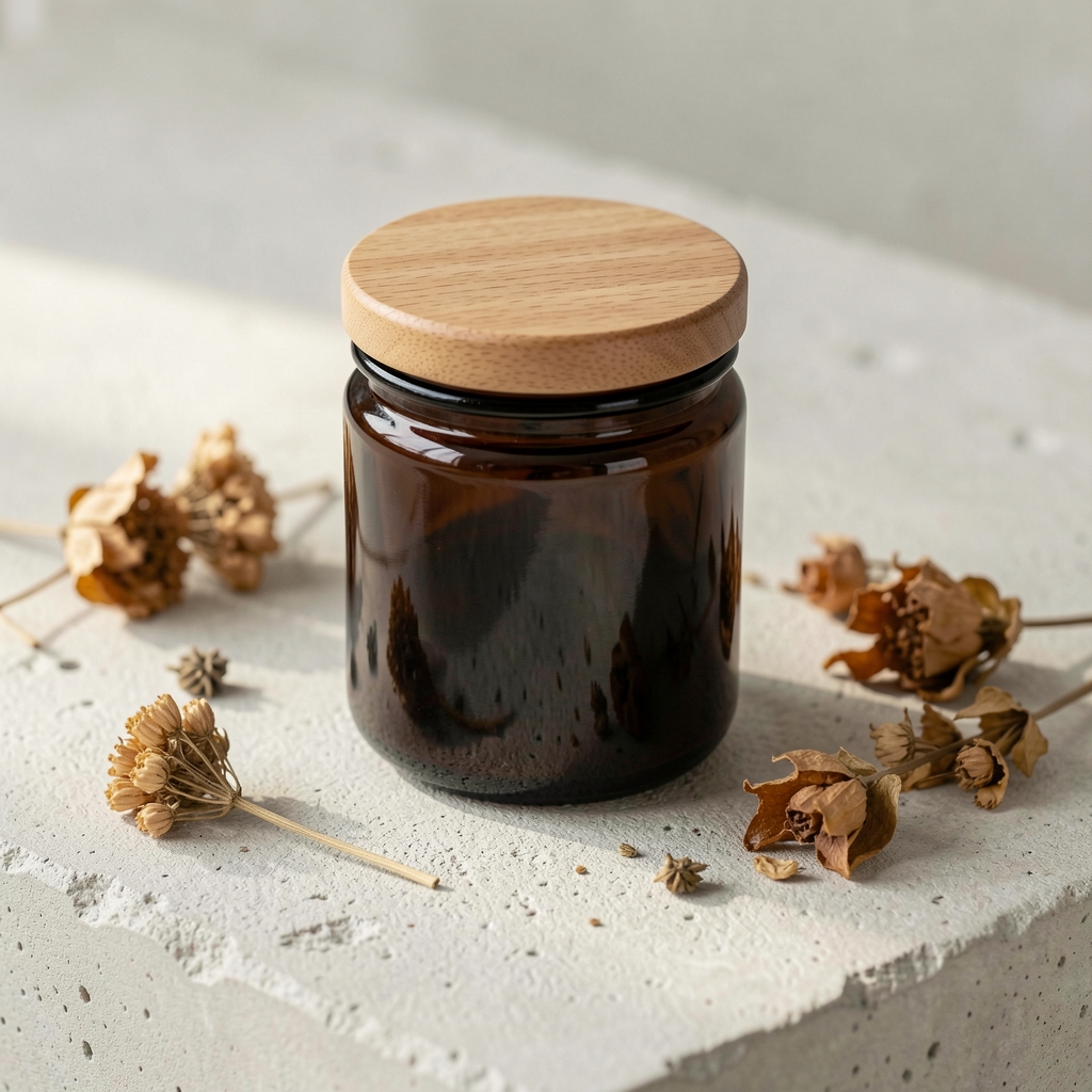 Dark glass supplement jar with wooden lid on a textured pale concrete surface with scattered dried botanical elements and soft natural light